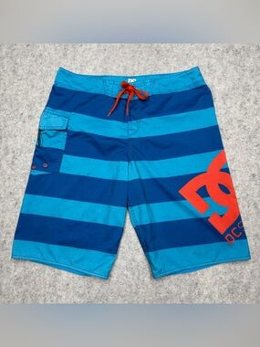 DC Shoes Board Shorts Mens 34 Blue Striped Swim Trunks Large DC Logo Surf